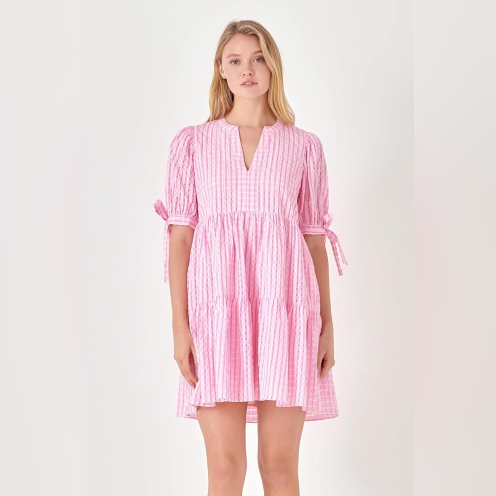 English Factory, Gingham Tiered Mini Dress, Size Large